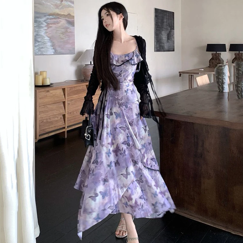 2025 الصيف 2 قطعة مثير السباغيتي حزام الحرير الساتان طباعة فستان للنساء الكورية سليم صالح والتخسيس مزاجه فستان أنيق #1