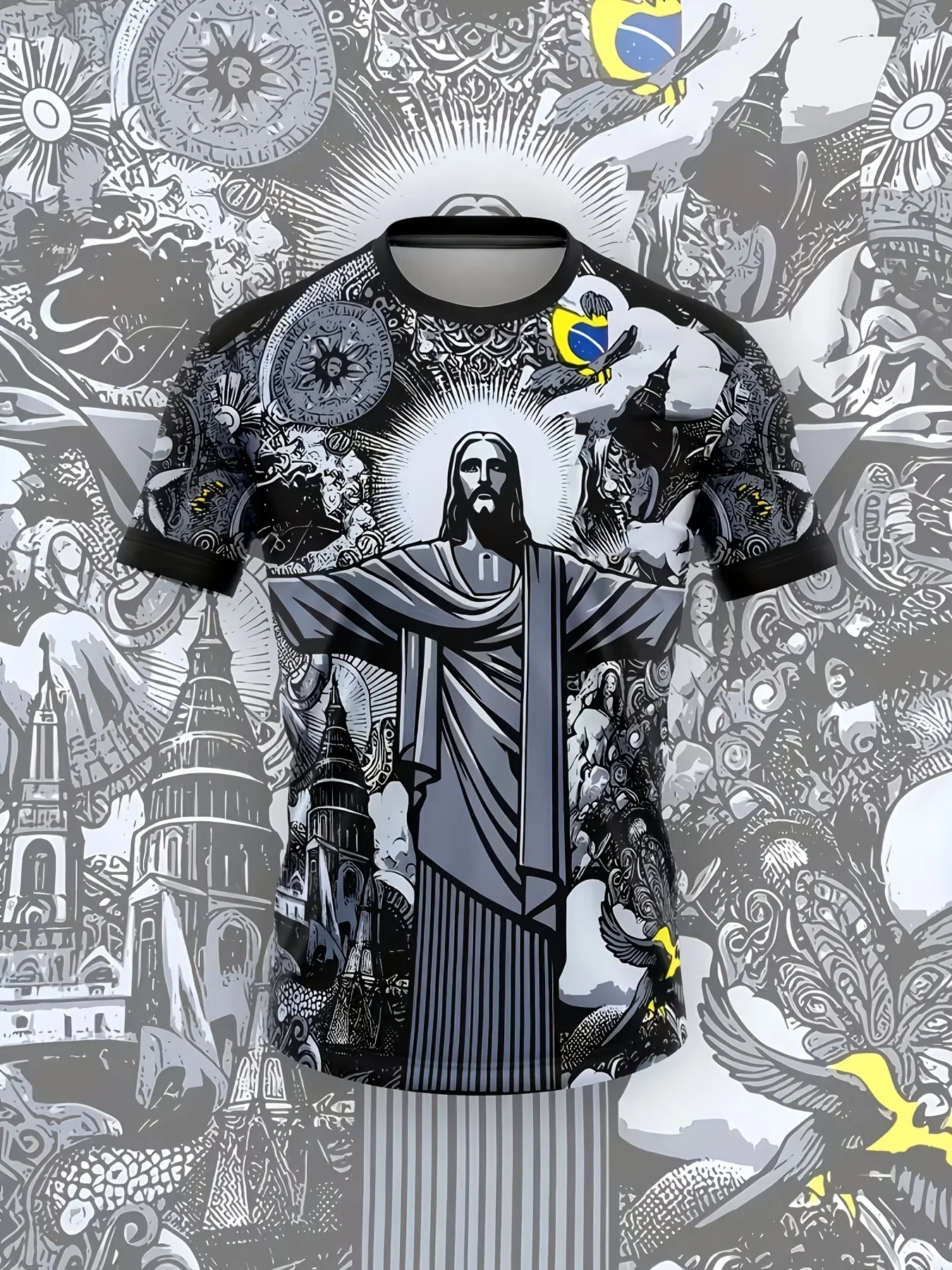 Camiseta Masculina Oversized com Estampa Gráfica do Cristo Redentor do Brasil, Manga Curta, Casual, Estilo Streetwear para Uso Diário
