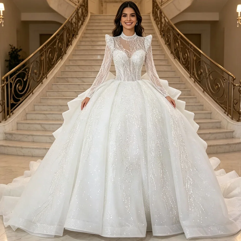 Luxurious Wedding Dress High Neck Long Sleeves Lace Up Button Back Sequined Crystal Ruffles Vestidos De Novia