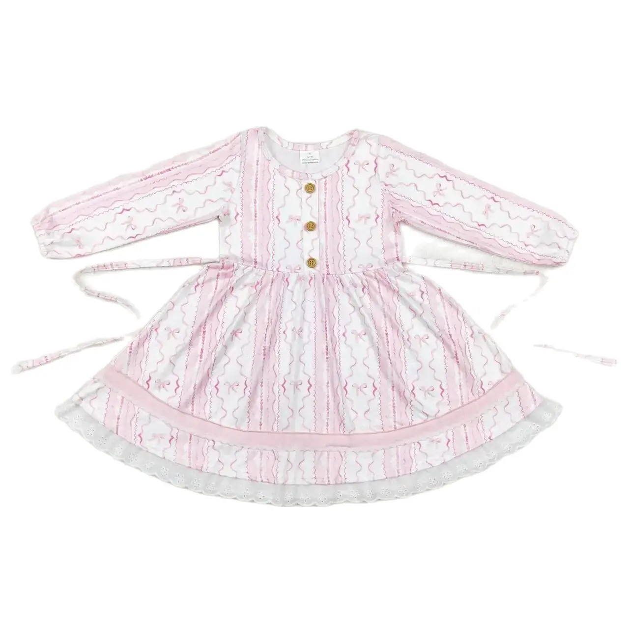 

GLD0546 Fashionable Kids Dress For Girls Long Sleeve Bow Pattern Belt Lace Pink Print With Dress Children Clothes Rts No Moq