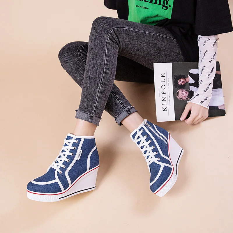 Lace Up Women Comfy Wedges High Heels Sporty Canvas Sneakers Bordered Denim  Height Increasing Maternal Women Shoes 35-43