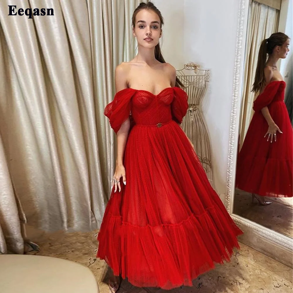 

Eeqasn Red Tulle Midi Prom Dresses A Line Off The Shoulder Tiered Ankle-Length Short Evening Gowns Party Special Occasion Dress