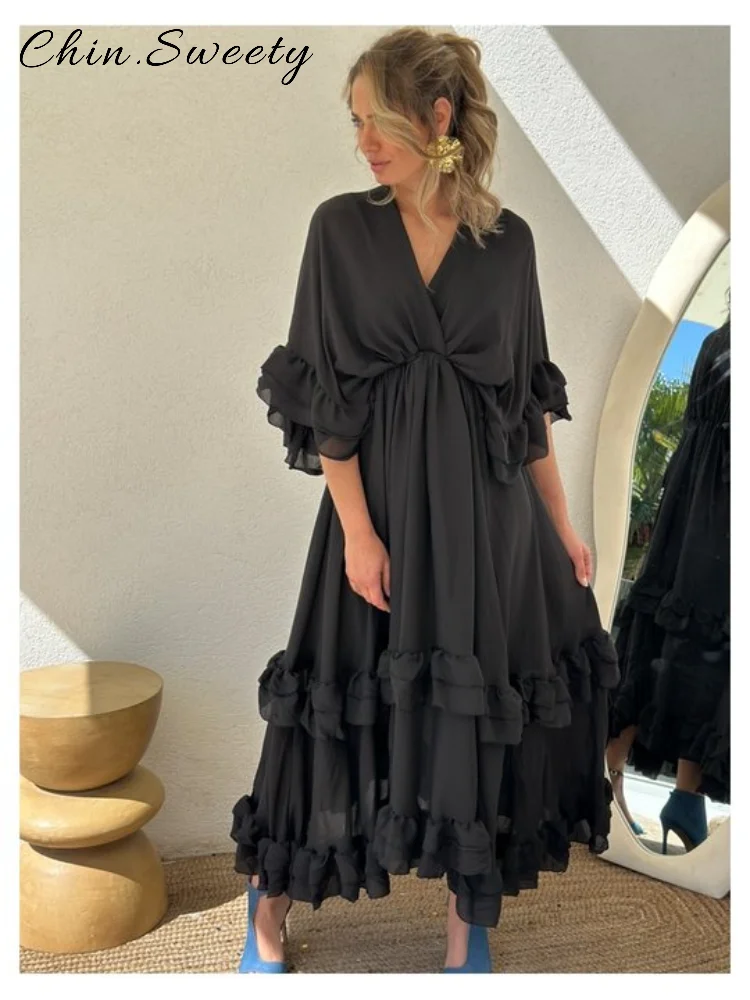 Elegant Rufflesชุดจีบยาวผู้หญิงหลวมVคอครึ่งแขนRuchedชุด 2025 ฤดูใบไม้ผลิฤดูร้อนLady Vacation Robeใหม่