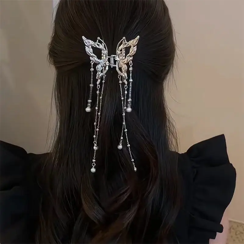 New Chinese-Style Hollow Butterfly Tassel Hair Clip, Half-Tied Hair Shark Clip, Super Fairy-Like Ethnic Style Hairpin, Updo Hair Accessory for Women image 3