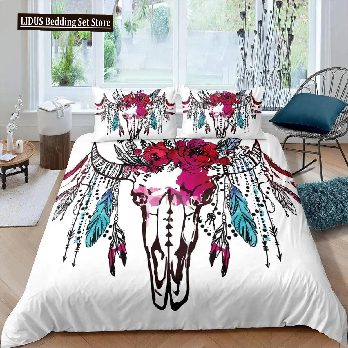 Bull Skull Duvet Cover Boho Dream Catcher Feather Bedding Set Twin Arrow Floral Comforter Cover For Girls Women