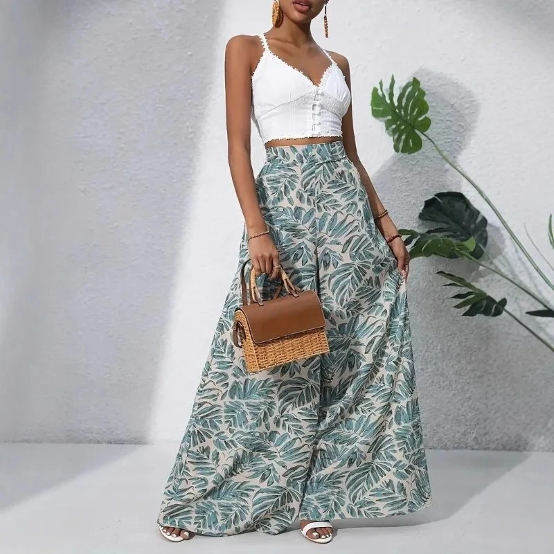 Women High Waist Tropical Leaf Print Wide Leg Pants Solid Plant Floral Flowly Palazzo Trousers Lightweight Casual Vacation Pants