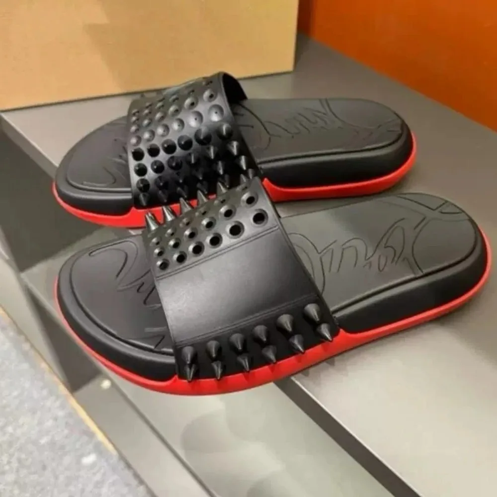 Brand Luxury Rivet Men's Red-soled Flip-flops 2026 Summer Genuine Leather Thick-soled Shoes Non-slip Hollow Beach Sandals
