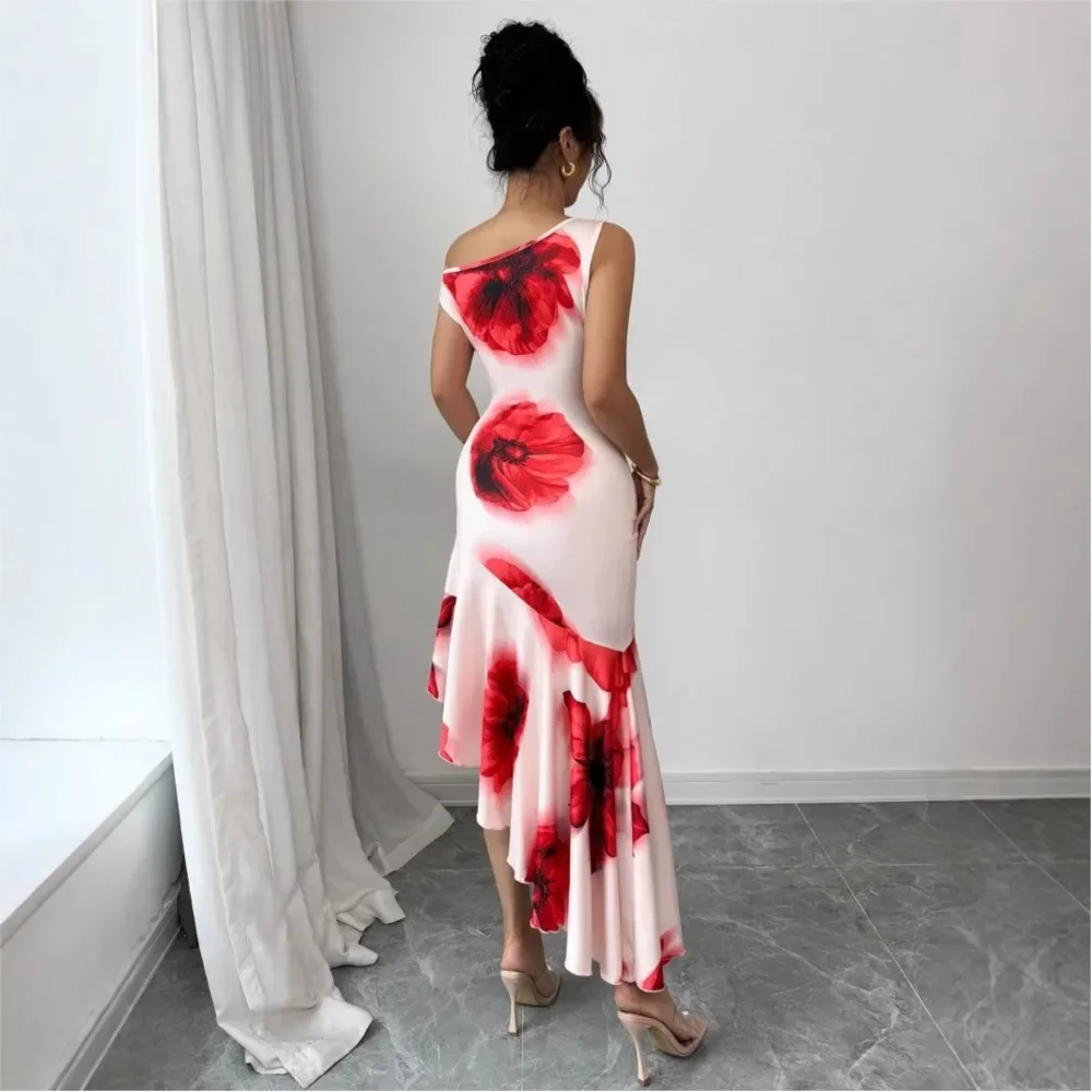 CPSYMYM mode élégante imprimé femmes robe bohème plage irrégulière mince robe Sexy femme sans manches hors-la-épaule Evenin