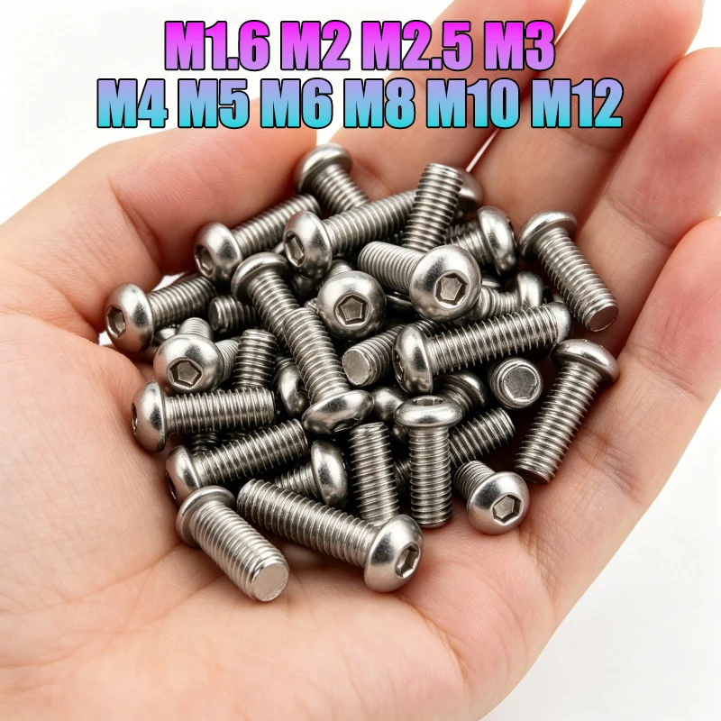 DIN7380 M1.6 M2 M2.5 M3 M4 M5 M6-M12 304 Stainless Steel Round Pan Head Hex Hexagon Socket Screw Mushroom Button Head Allen Bolt