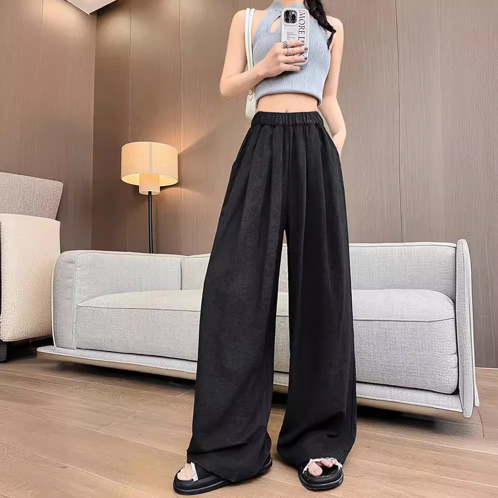 

Summer wide-legged pants Women High Waist baggy Straight pants y2k Thin Streetwear Pleated Harajuku trouser Pocket Solid color