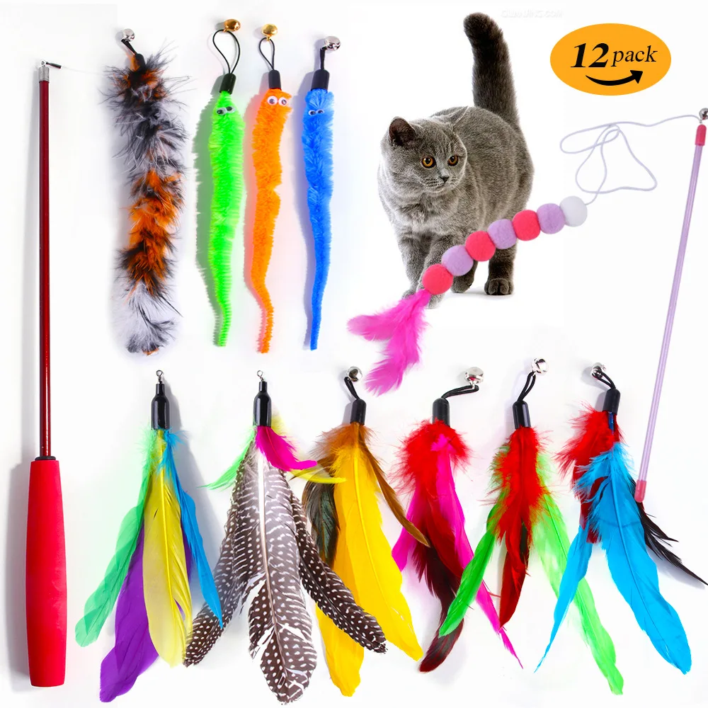 

12pcs Cat Teaser Stick with Repalced Feathers Set Kitten Pet Toy Interactive Chaser Training Rod Cher Wand Fishing Pole Teaser