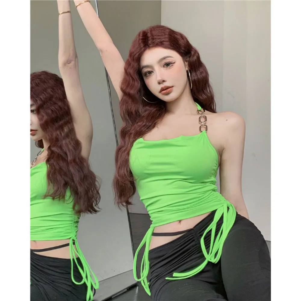 Ins Chain Women Sexy Camis Crop Top Summer Chain Frill Drawstring Neon Green Camisole 2022 Casual Club Streetwear Clothing