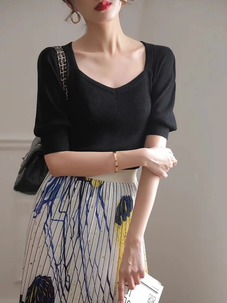 Cseta de Malha de Cor Pura Única, Design de Manga Curta Faion, Sensação E para o Dia a Dia, Estilo Coreano, Cs...