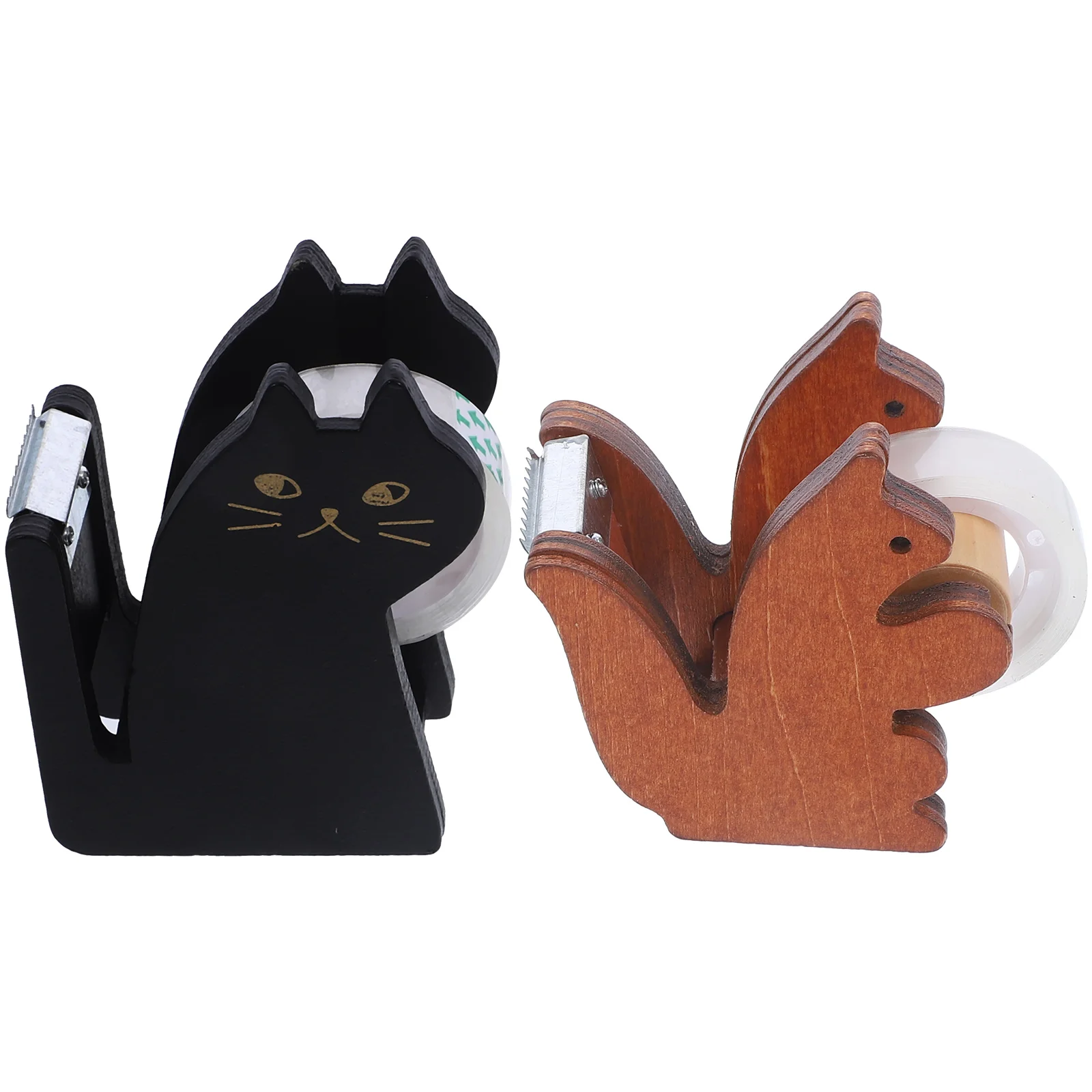 

2 Pcs Cartoon Animal Tape Dispenser Retro Wooden Holder Black Cat Squirrel Cute Desk Office Supplies Kids Use