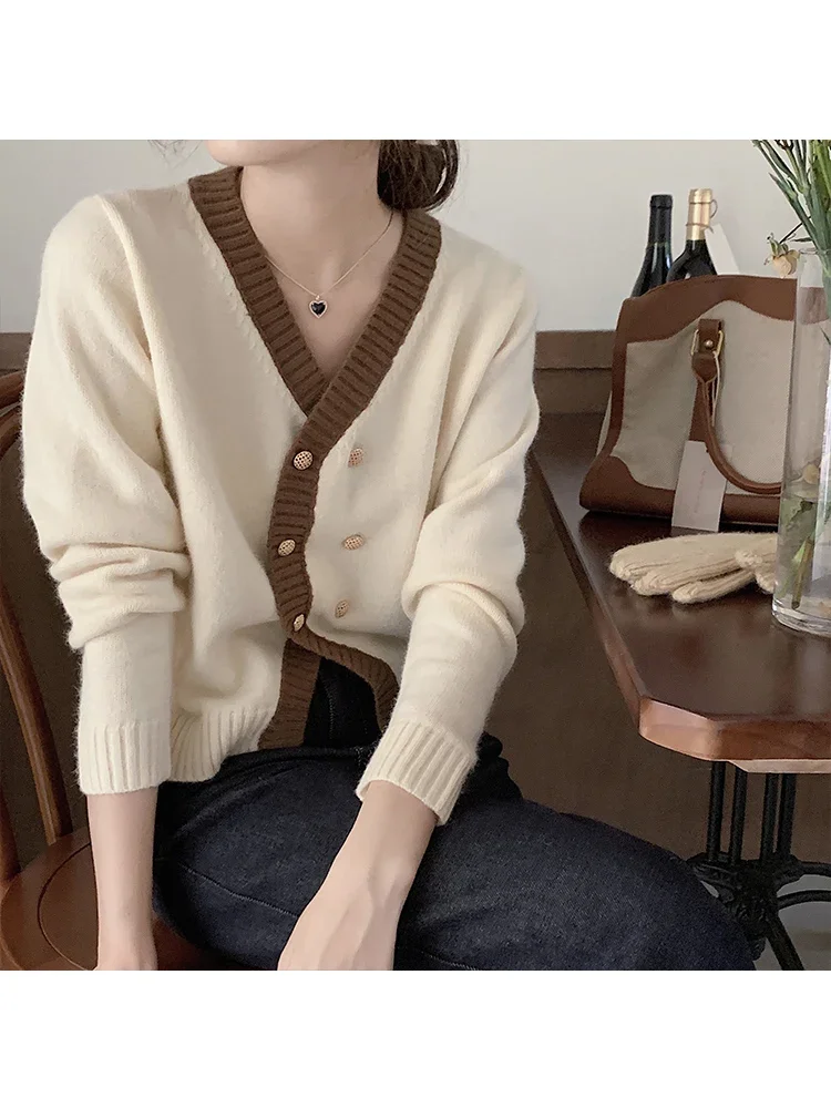 2022 Winter Women Sweater Coat Contrast Trim Single-breasted V Neck Fashion Korean Vintage Outerwear Cardigan Knitting Tops