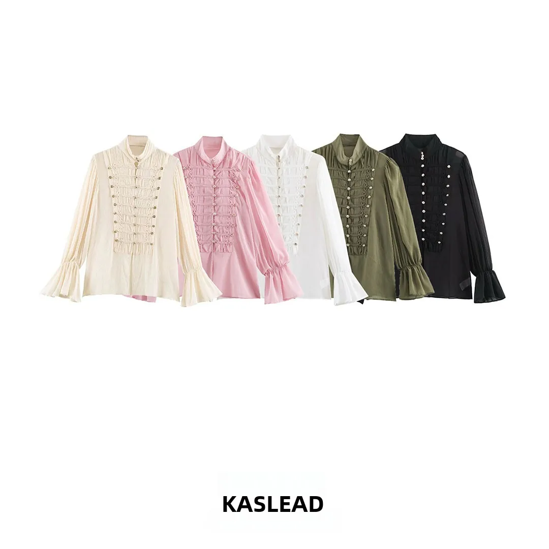 Romantic Style Shirt KASLEAD New Women's Fashion High-End Rope Knot Buckle Loose Fit Long Sleeve Polyester Fiber Breathable