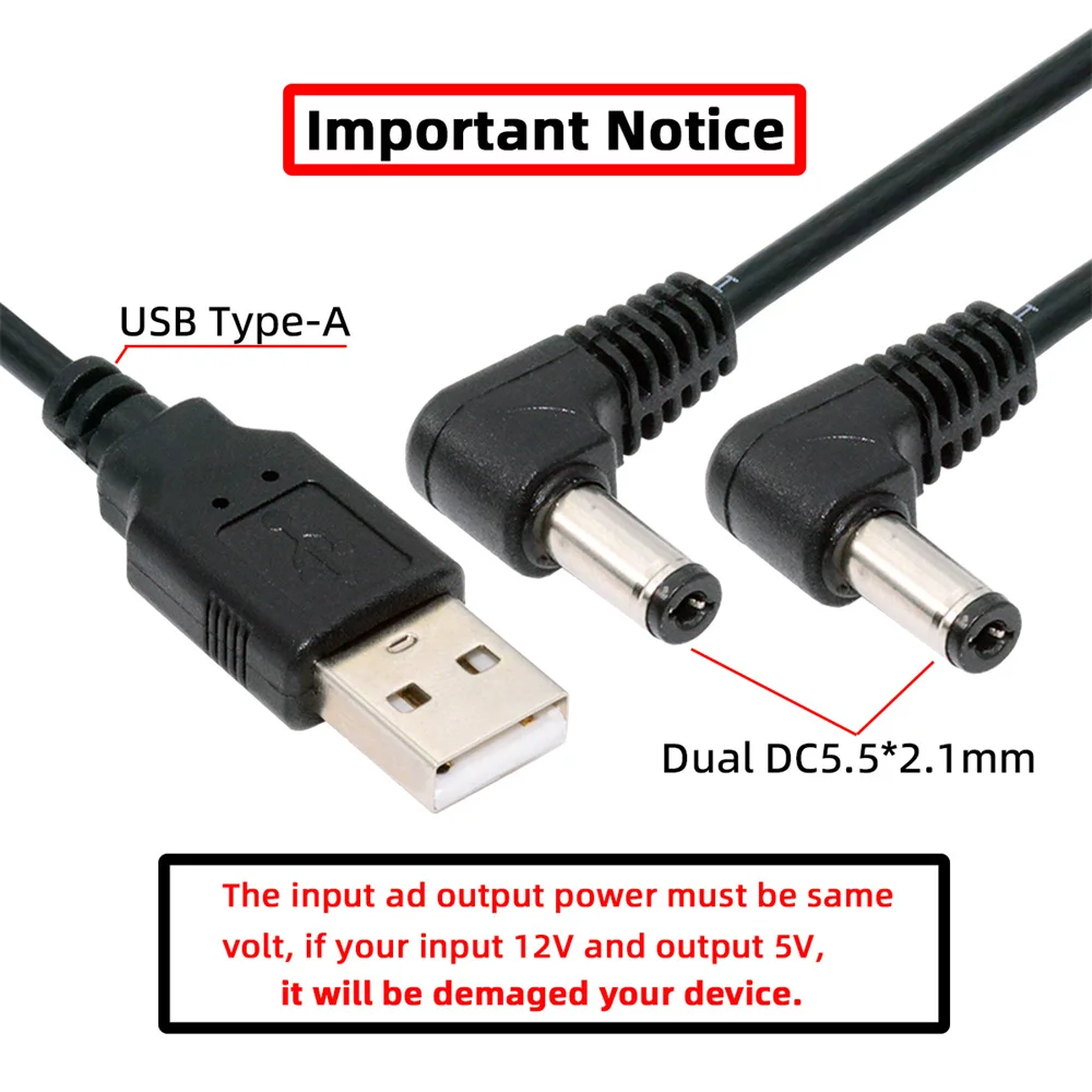 Right Angled 90 Degree USB Type-A Male to Dual 5.5x2.1mm DC 5V Power Plug Splitter Connector Charge Cable