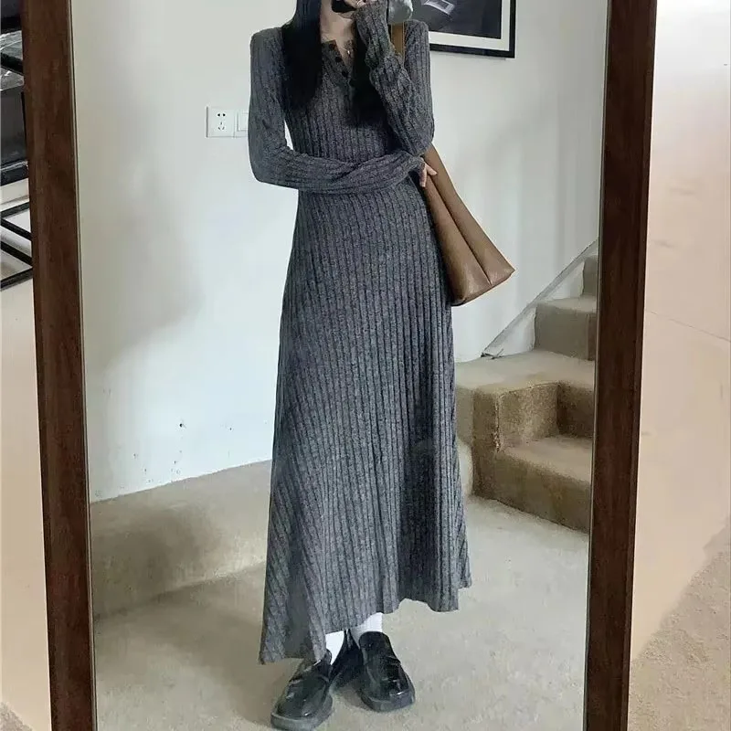 Autumn Winter Knitting Dresses Women Y2K Korean Fashion Long Sleeve Slim A-Line Dress Ladies Elegant Button-Up Party Midi Dress