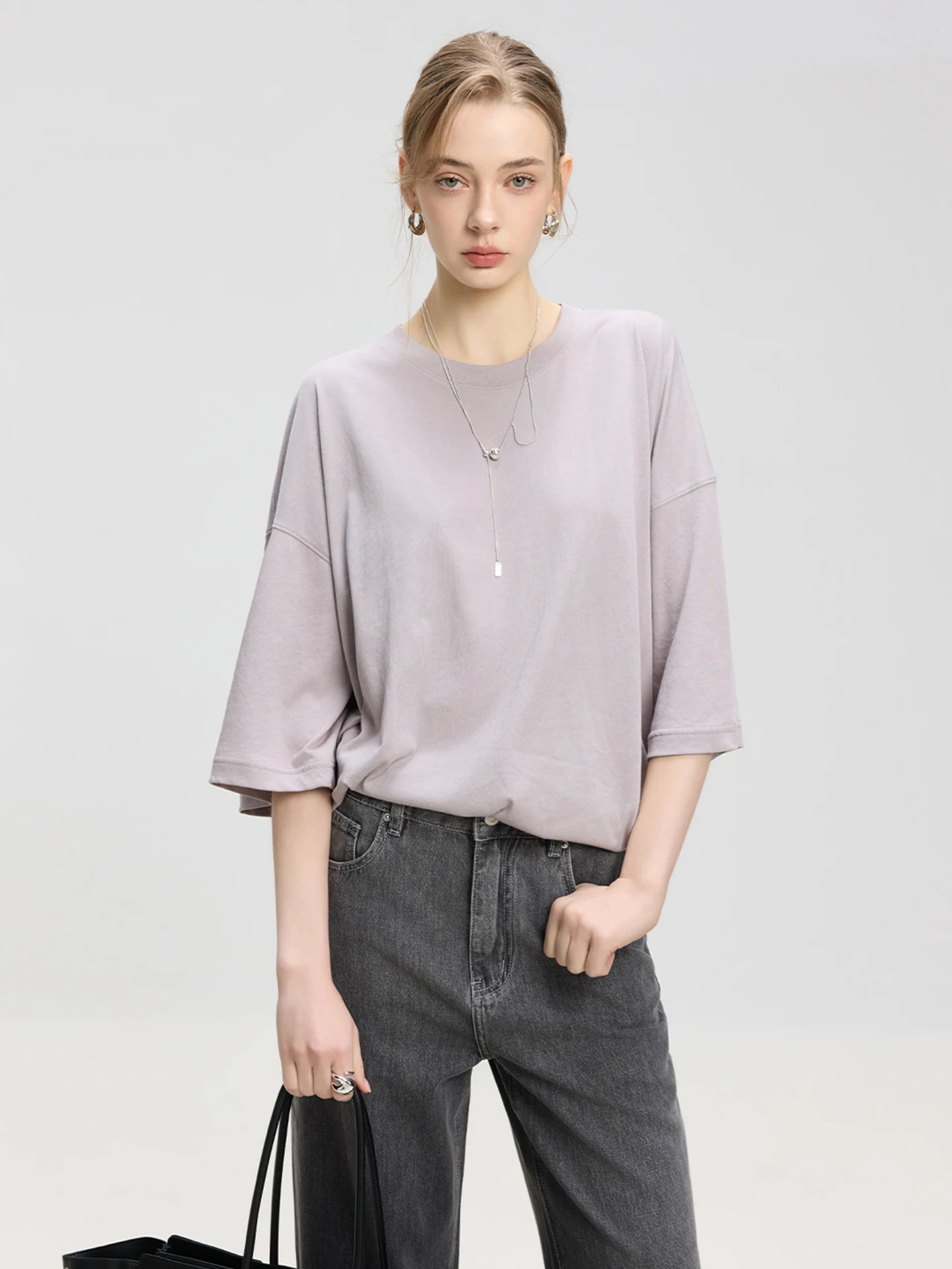

LUR High Quality Short Sleeve Women's T-Shirt Loose round Neck Casual Style Slimming Seven-Quarter Length Cotton Blend Top