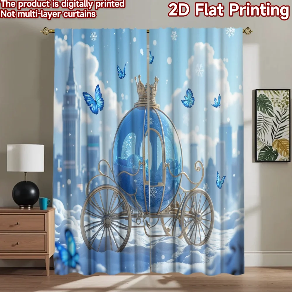 2D flat 2pcs Curtain French Romantic Style Winter Blue Butterfly Carriage Durable polyester fiber Festive Wall Decor Perfect for