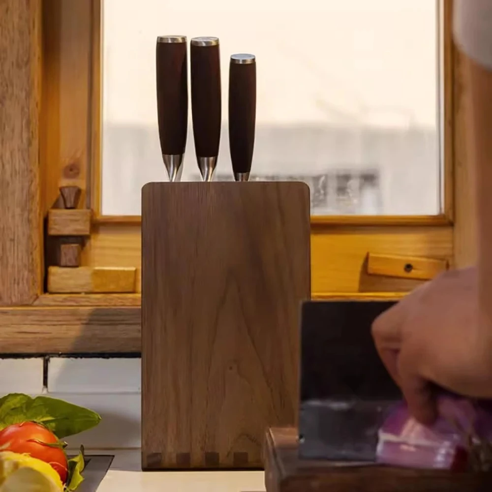 Black Walnut Knife Block – Solid Wood Multi-Slot Countertop Knife Holder for Household Kitchen Storage