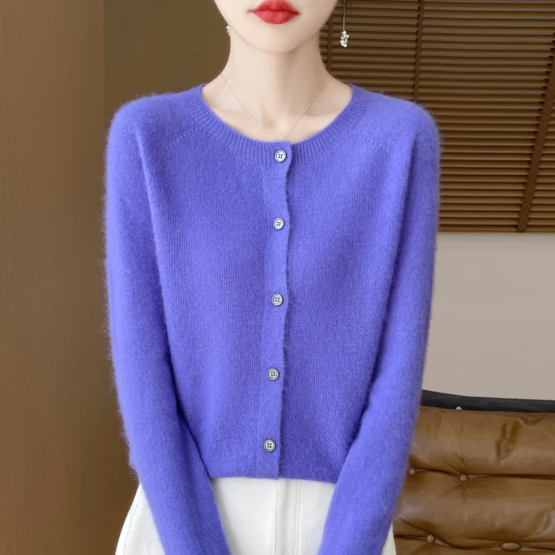 100% cardigan de cuello redondo de lana australiana chaqueta térmica de punto sólido para mujeres suéter sin costura de manga larga casual relajado en otoño e invierno