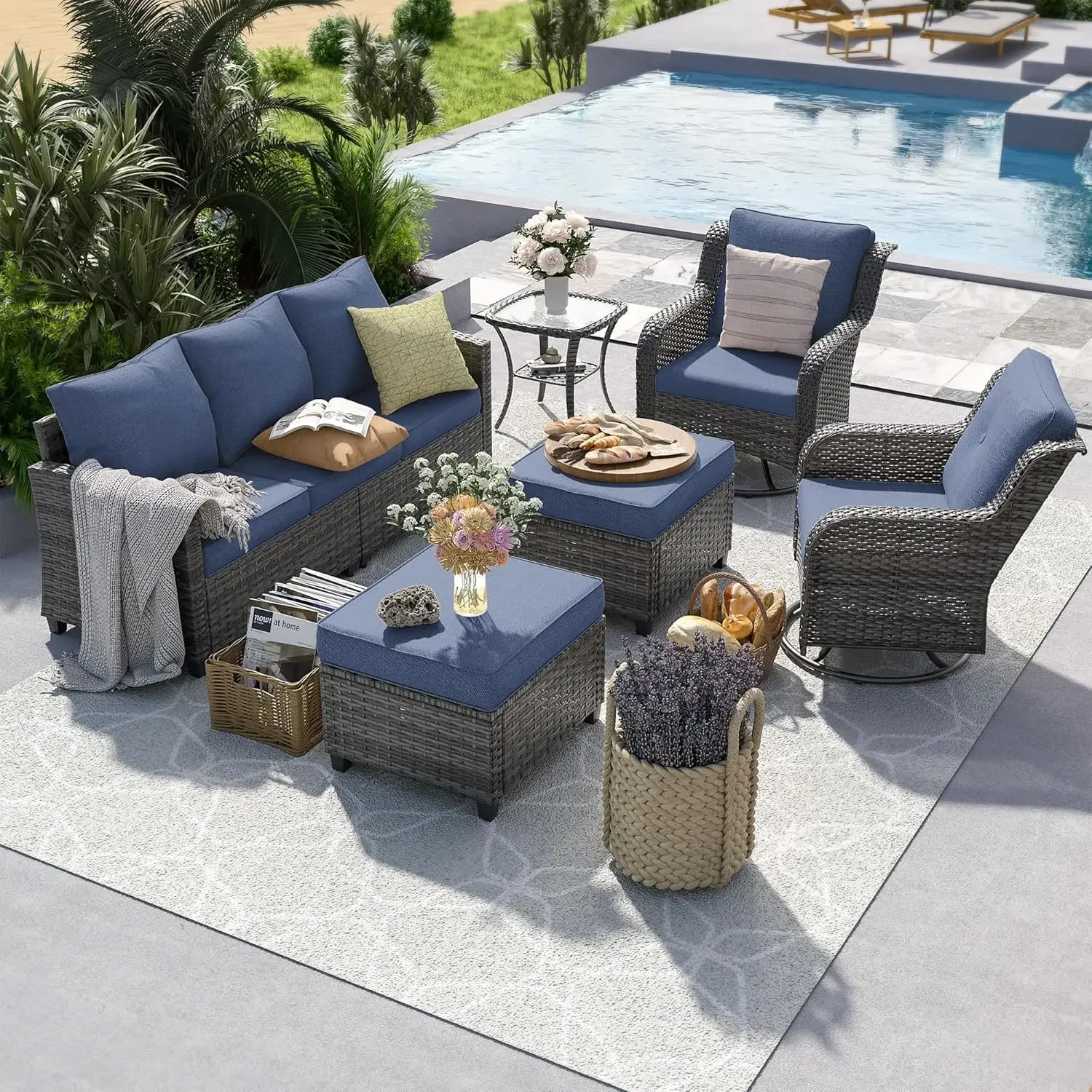 Patio Conversation Set, Outdoor Furniture Set, All-Weather Wicker Rattan High Back Outdoor Sectional Sofa Set with Ottoman