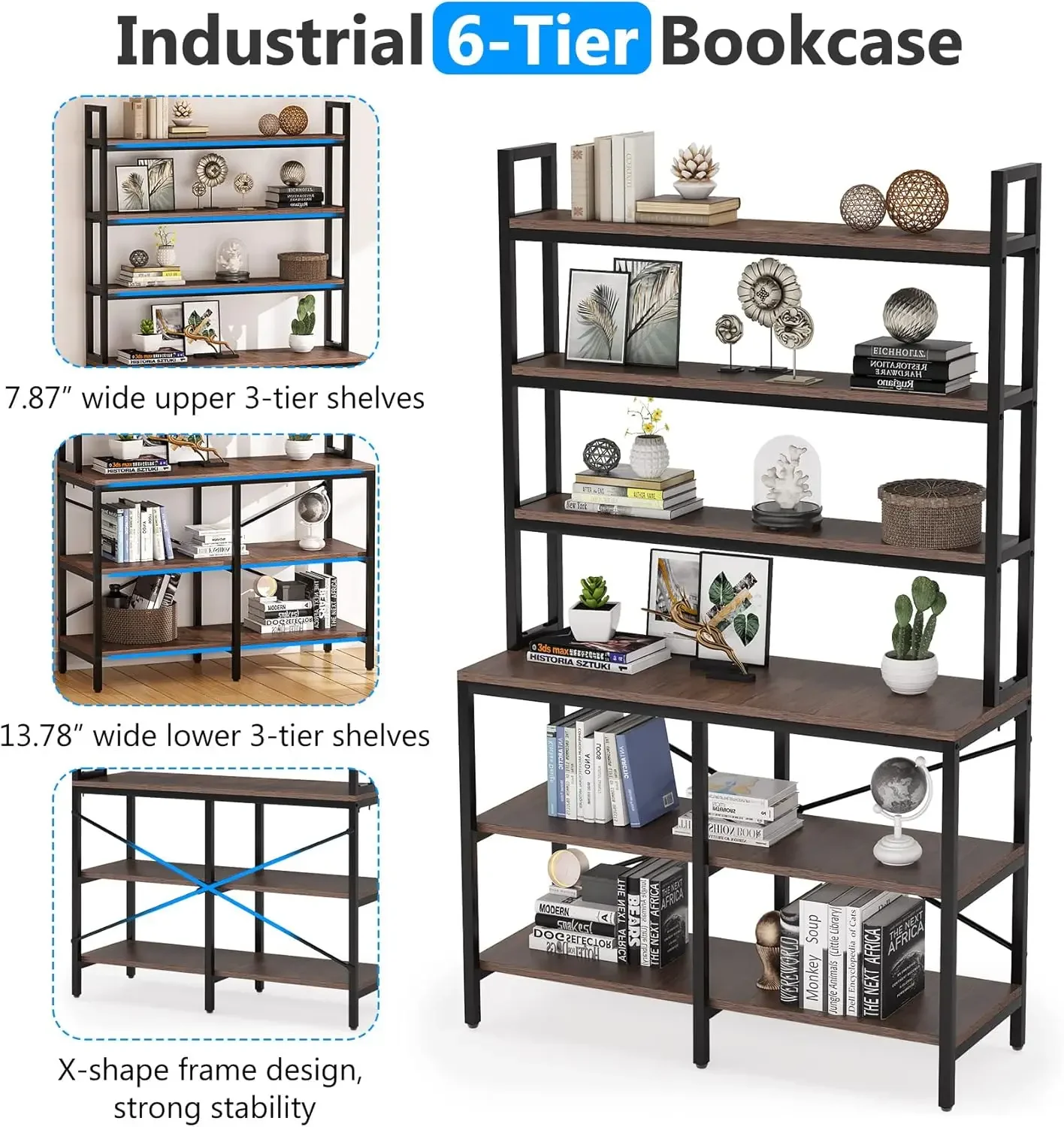 6-Tier Bookshelf,Industrial Bookcase with Open Shelf,6 Shelf Storage Rack with X-Shaped Frame,Rustic Book Shelf for Living Room
