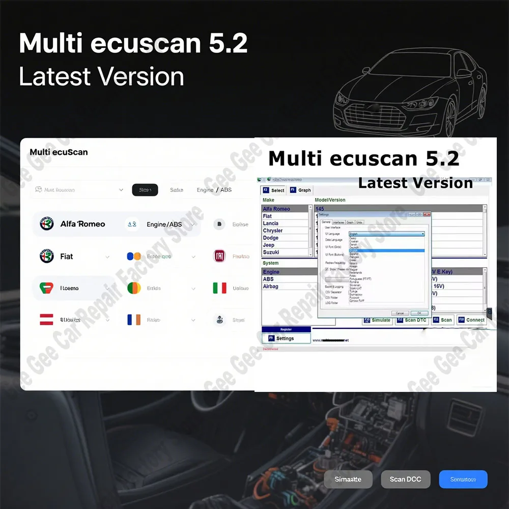 

Multiecuscan V5.2 Newest obd2 Scanner Software with Registered Unlimited keygen for European models Work for ELM327 Flat Adapter
