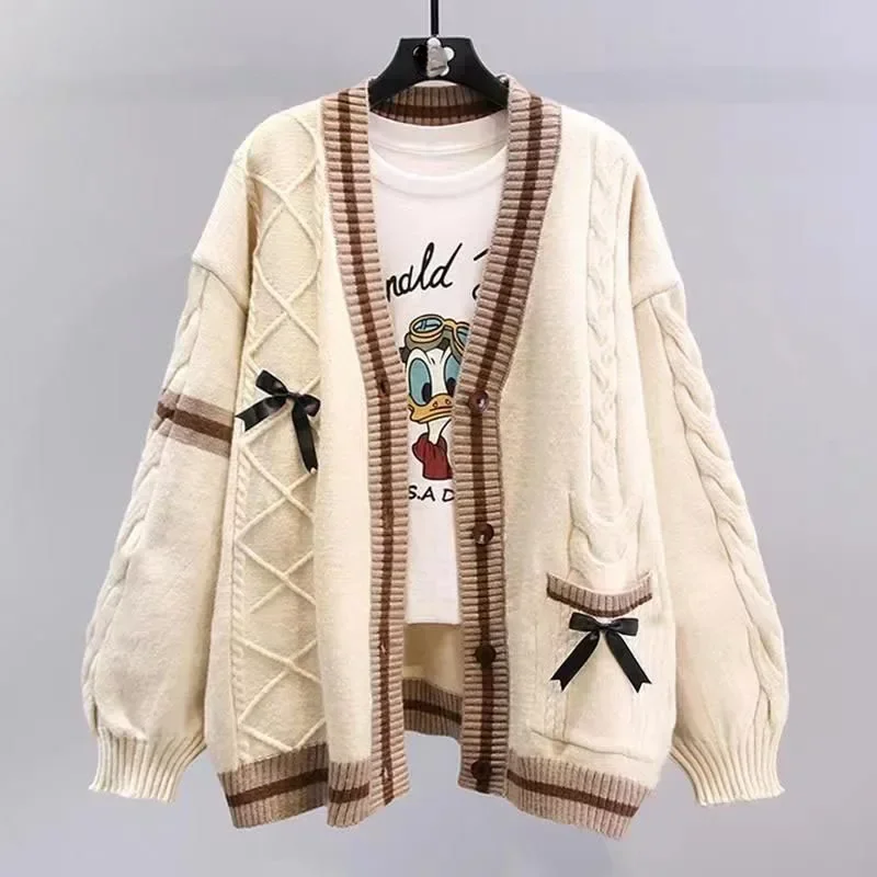 

Sweet Bow Sweater Cardigans Women Y2K Aesthetic Contrast Color V-Neck Knitted Cardigan Kawaii Jk Single Breasted Sweaters Coat
