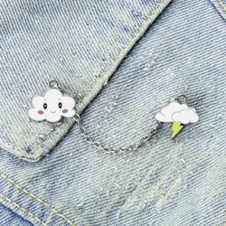 Cute Cartoon Smiling Cloud Enamel Pins Lightning Cloud Brooches with Chain Backpack Jacket Lapel Badge Jewelry Gifts for Friends