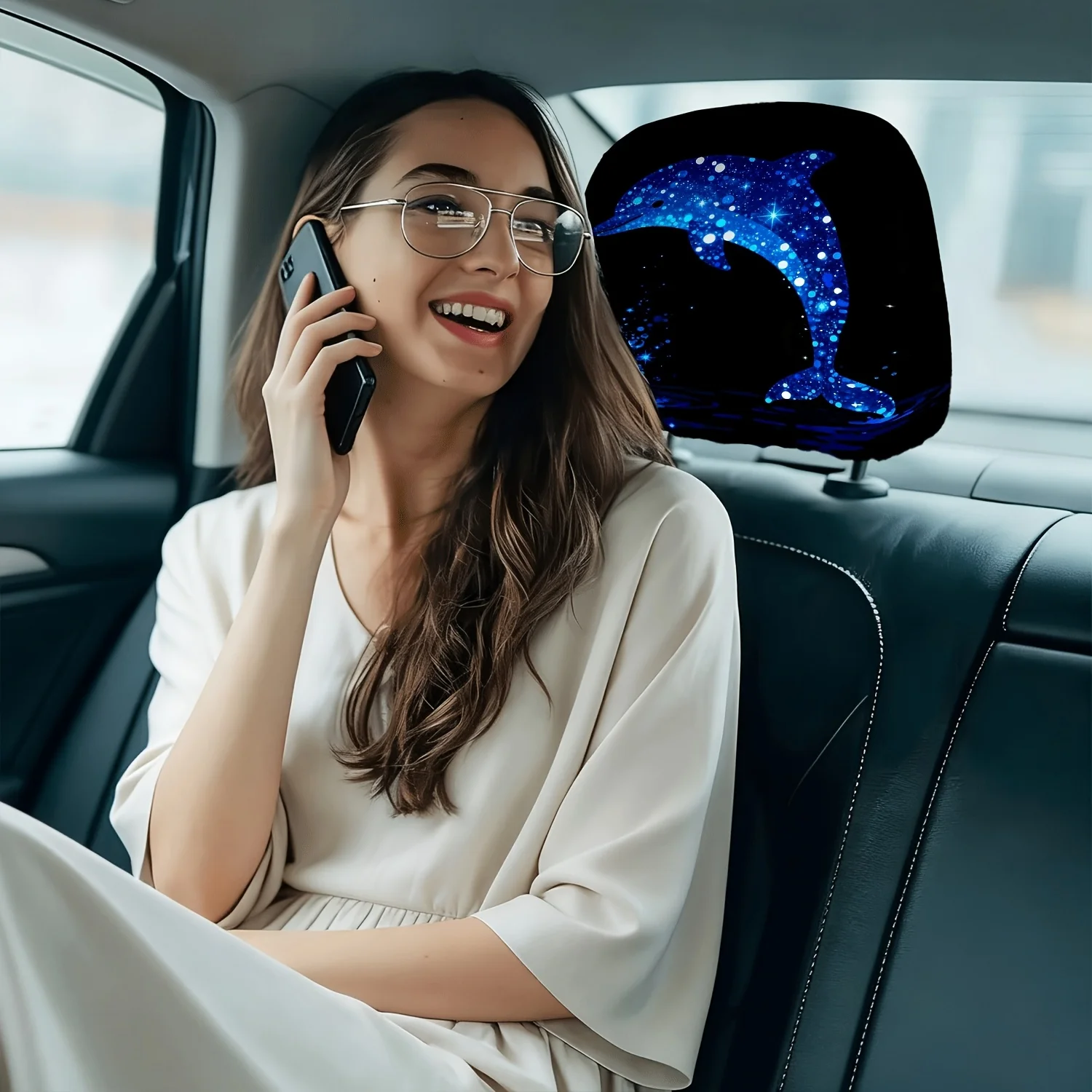 Starry Sky Dolphin Leaping Headrest Covers, Seat Protection Car Headrest Covers, Durable & Stylish Accessories