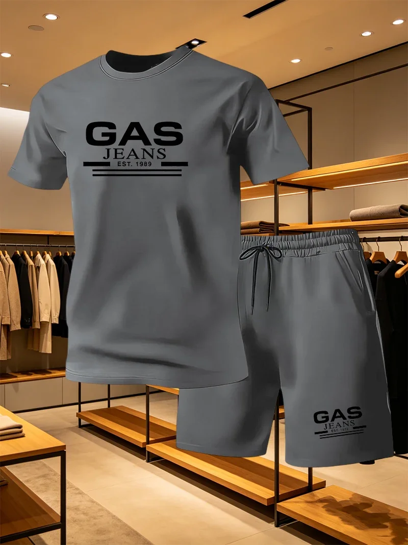 Summer Men's GAS Streetwear 2 Piece Set O-Neck T-Shirt+Sports Shorts Quick Dry Fitness Gym Running Suit Hot Sale Fashion Casual