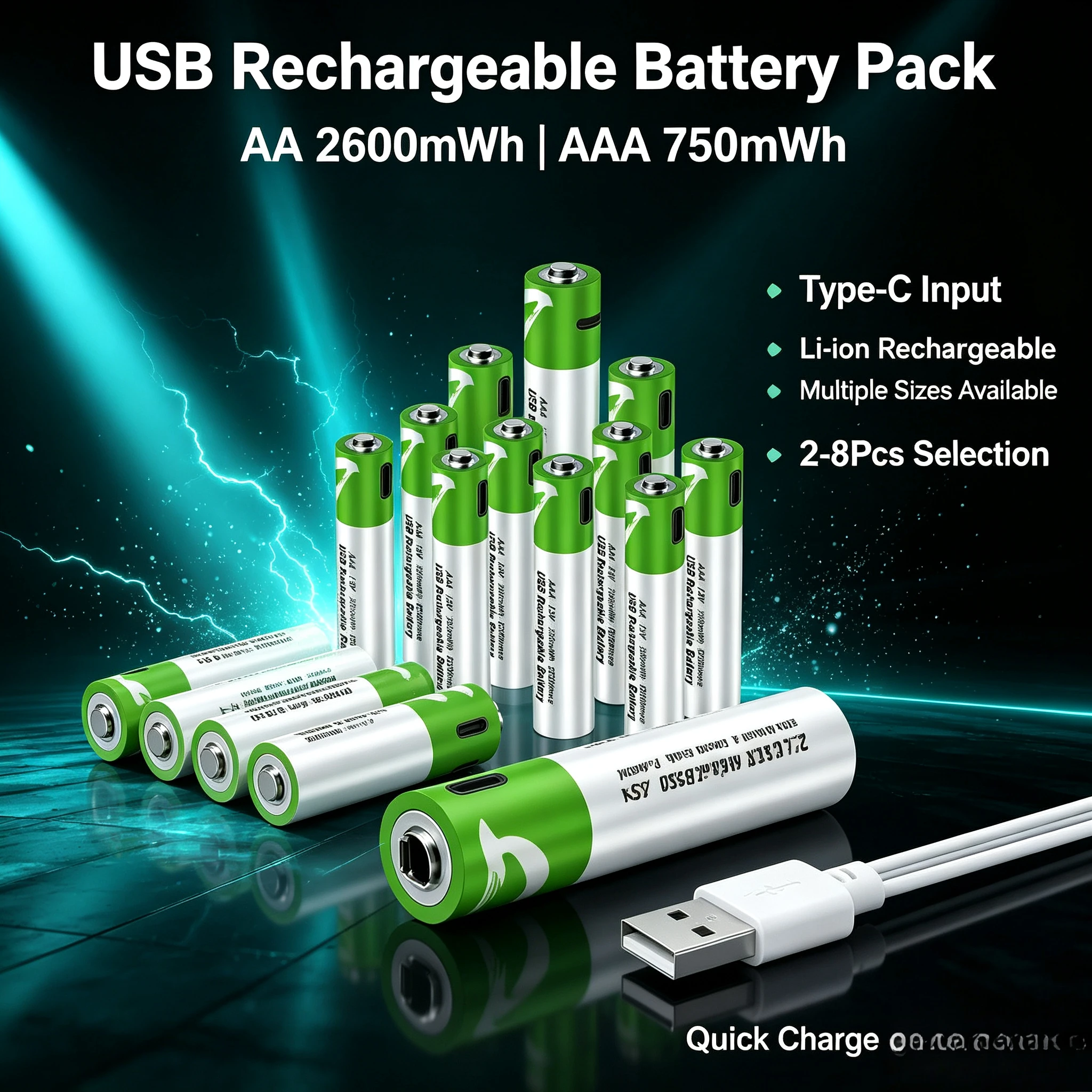 AA 2600mWh & AAA 750mWh 1.5V AA AAA USB Rechargeable Li-ion Batteries Type-C Cable Charging for Mouse Clock Shaver Hermometer