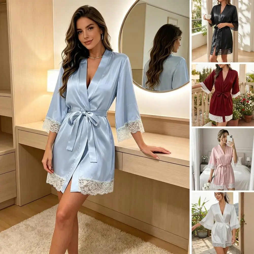 Satin Robe Women's Satin Lace Trim Robe 3/4 Sleeve Silky Kimono Bathrobe V Neck Sleepwear with Belt for Bride Lounge Ice Silk