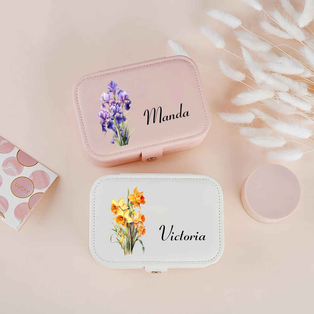 Jewelry Box with Birth Flower Personalized Jewelry Box for Mom Birthday Gift for Her Bridesmaid Gift Travel Jewelry Organizer