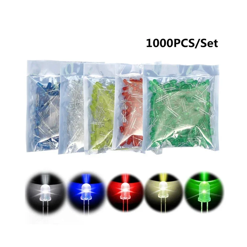 1000PCs f5 5mm LED 5 color blue green yellow red White Round Led diode mixed kit