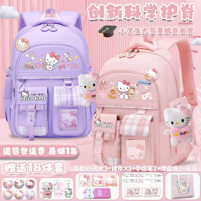 Sanrio tas sekolah Hello Kitty pria dan wanita, ransel pelindung tulang belakang anak ringan, tas punggung dua bahu lucu untuk pelajar pria dan wanita