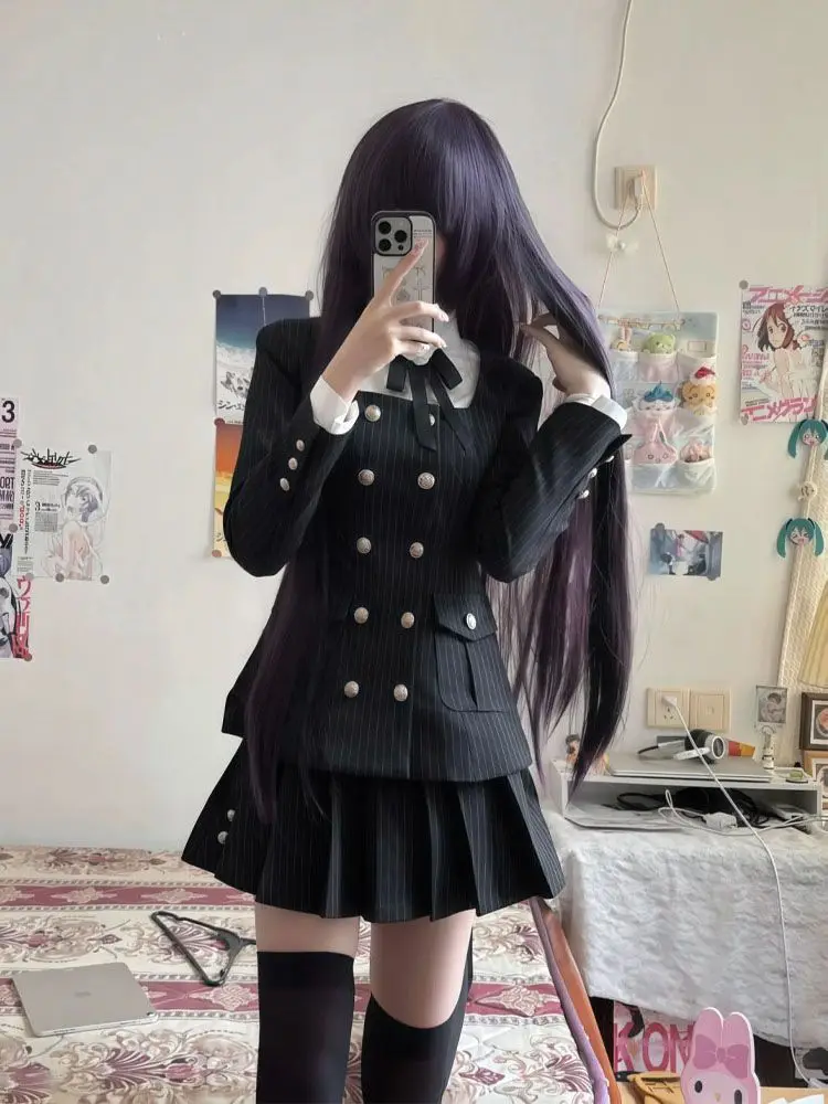 Spring Autumn Japanese Preppy 3 Piece Set | White Shirt + Slim Coat + Pleated Mini Skirt Y2K Harajuku Outfit 2026