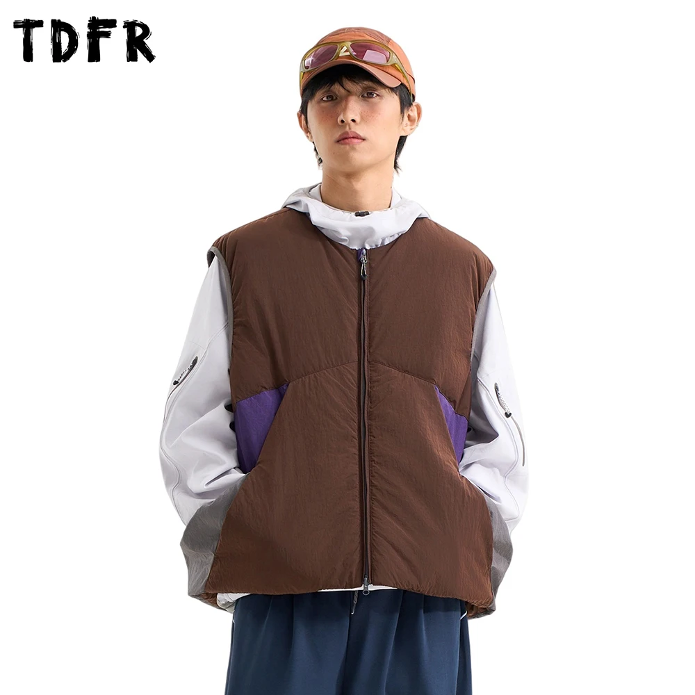 

Patchwork Padded Vest Mens Safari Style Winter Thick Stand Collar Loose Drawstring Hem Sleeveless Down Vest Man