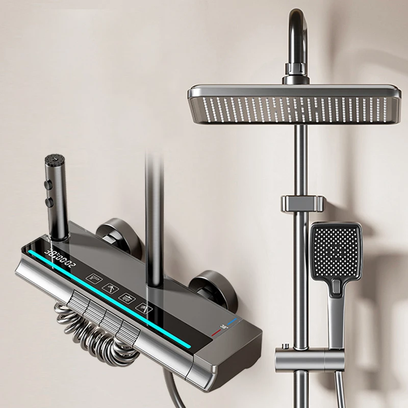 

Invigorating Rainfall Shower with Touch Control, Digital Display & Shelf – Smart Thermostatic Wall-Mounted Bath Kit