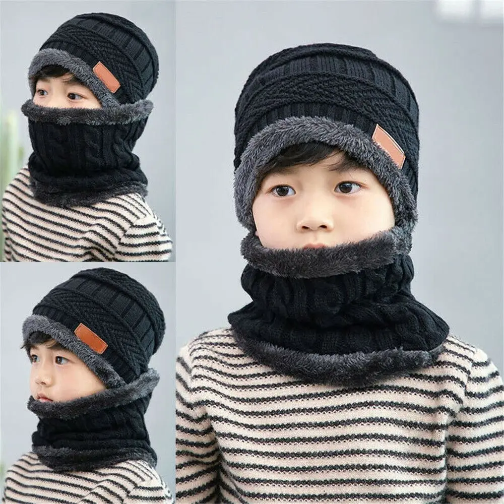 Kids Winter Neck Scarf Cap Set Fashion Beanie Warm Hat Scarf Set Neck Cover Fleece Knitted Thick Ski Cap Warm Balaclava