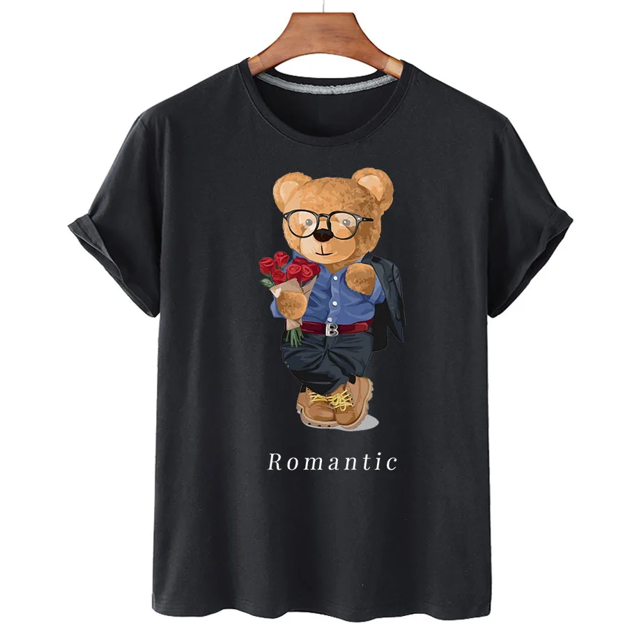 100% Cotton Romantic Bear Print T-shirt Women's Summer Short Sleeve T-shirt 2022 Women's Fashion Shirt Unisex O-neck T-shirt