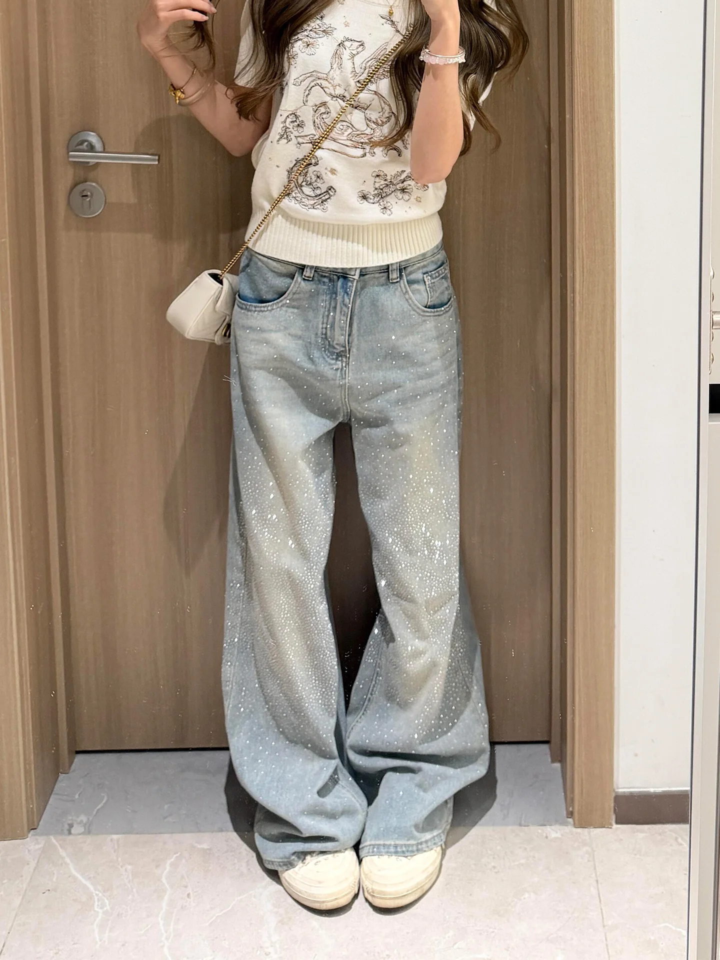 

High Waist Wide Leg Jeans Women's Summer New Style American Lazy Style Star Denim Pants Vintage Floor-Length Straight Leg