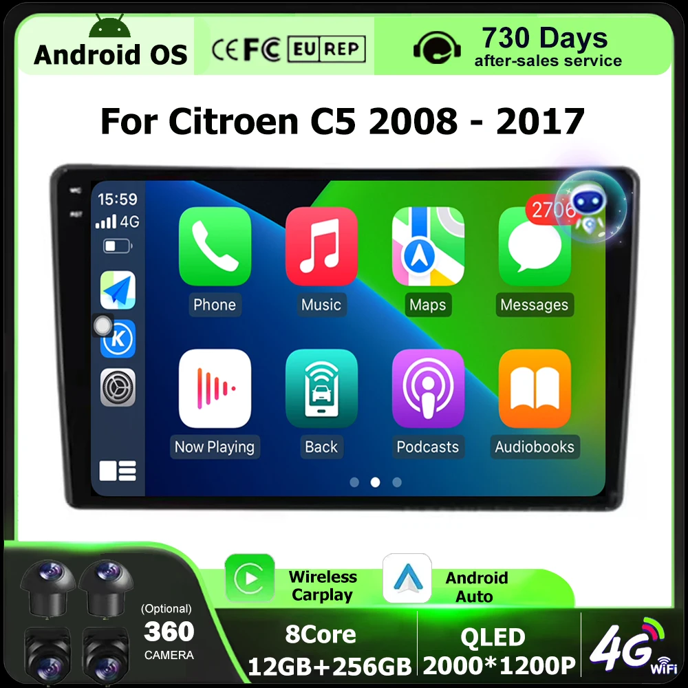 

9 Inch Android Auto For Citroen C5 2008 2009 2010-2017 Car Radio GPS Multimedia Player Stereo BT DSP No 2din Head Unit 4G WIFI