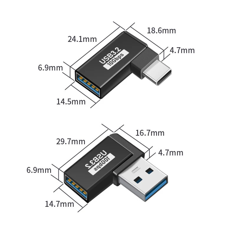 Adaptador USB en forma de U, adaptador de ángulo recto de 90 grados, USB hembra a USB macho, adaptador de datos rápido de 10Gbps, convertidor de carga