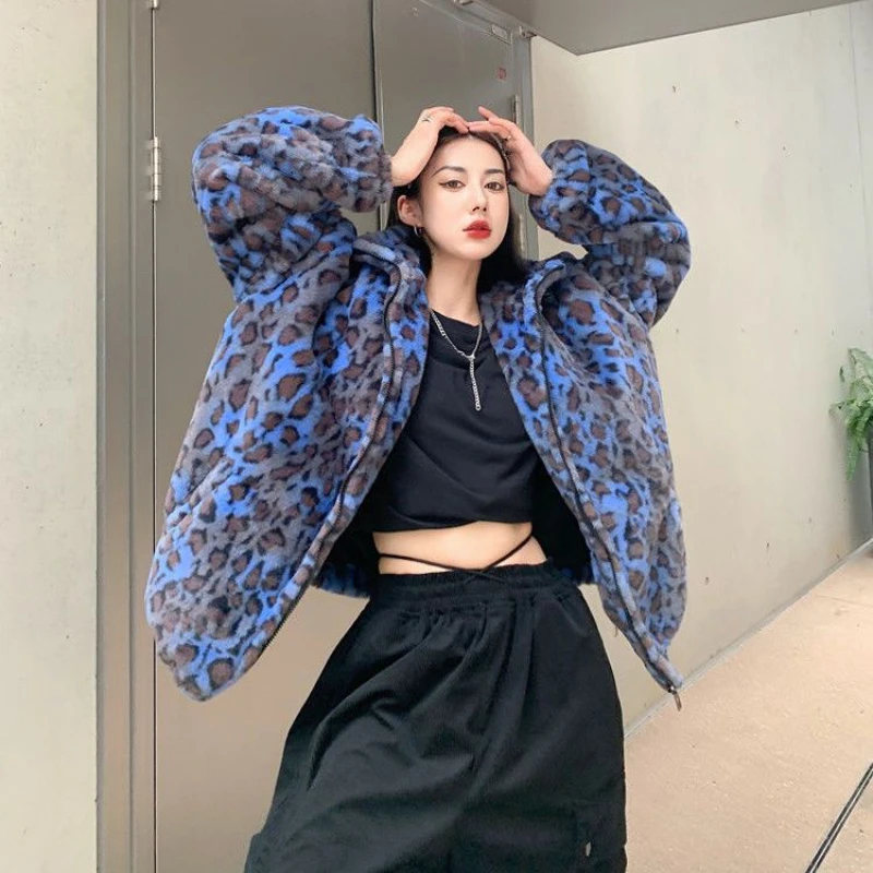 Lautaro Winter Oversized Colorful Leopard Print Faux Fur Coat Women Long Sleeve Zip Up Warm Soft Fluffy Jacket Korean Fashion