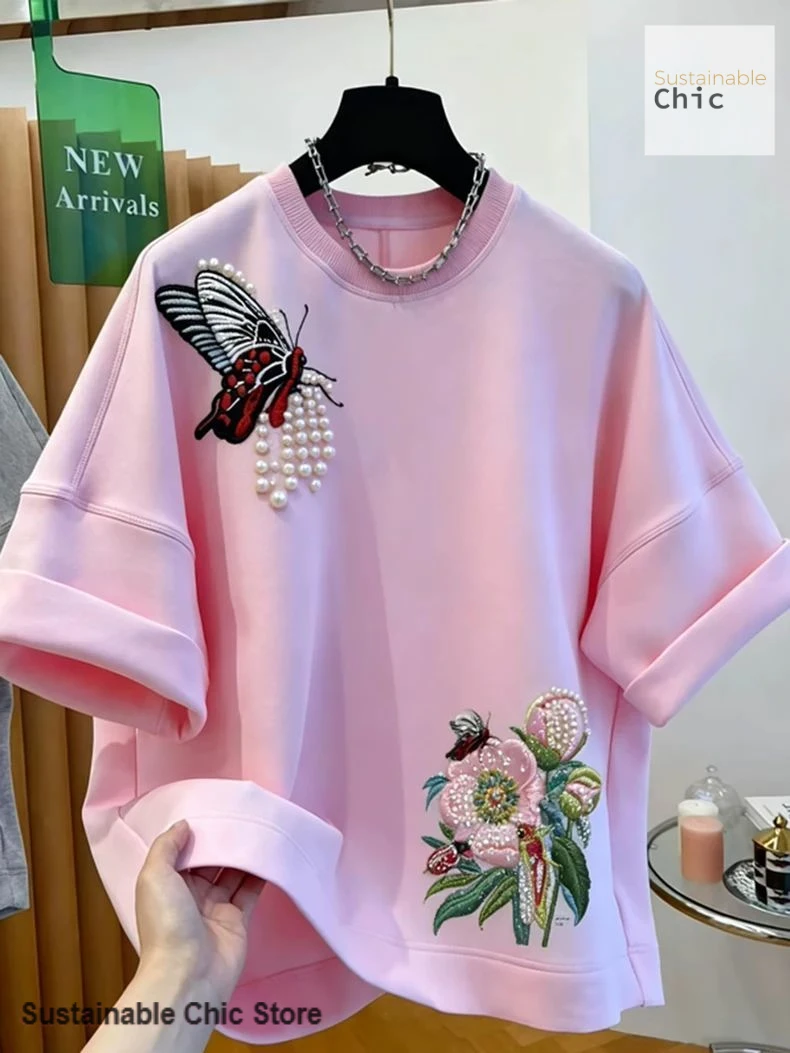 Chinese heavy industry butterfly embroidery short sleeve T-shirt women's summer fashion niche design sense plus size loose top