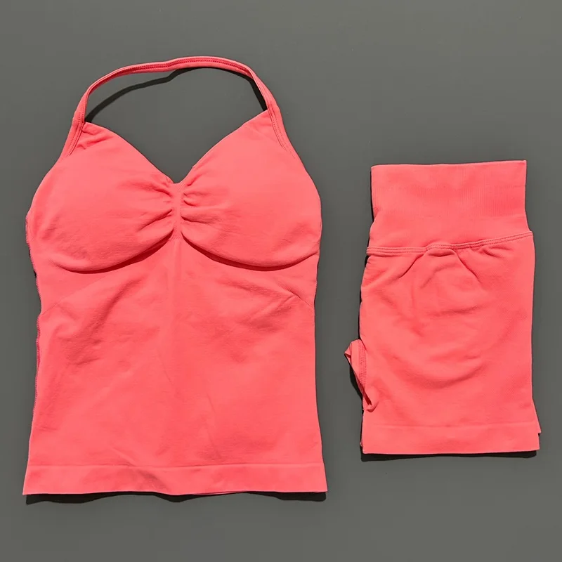 HITELLO Gym-Shorts-Set für Damen, nahtlos, Yoga, Longline-Top mit Trägern, Scrunch-Butt-Workout-Shorts-Set, Fitness, zweiteiliger Sportanzug – Detail 20