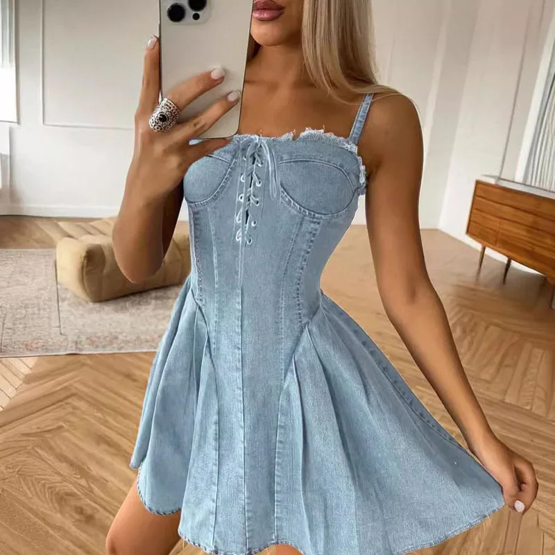 

Sexy Backless A-line Pleated Party Dresses Summer Slash Neck Lace-up Short Dress Elegant Temperament Spaghetti Strap Denim Dress
